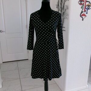 Black & White Polka Dot Surplice Bodice Dress M Soft Stretchy